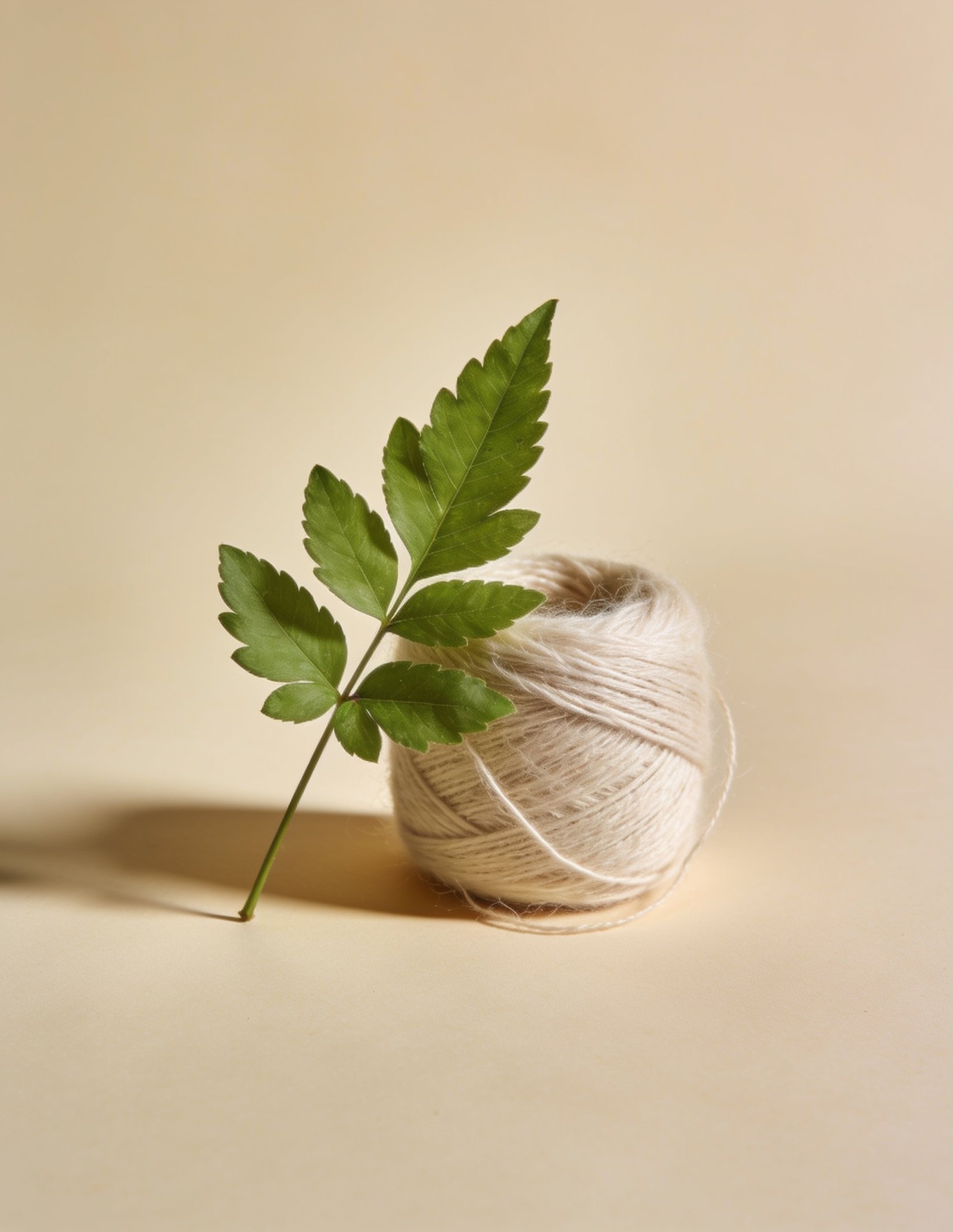 Sustainable viscose — leaf and undyed thread still life